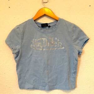 Von Dutch Embellished Cropped Baby T-Shirt Medium Baby Blue Y2K Grunge Skater